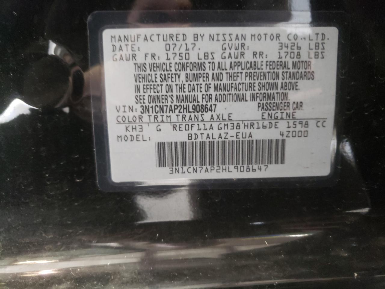 Photo 10 from auction – 2017 NISSAN VERSA S with VIN 3N1CN7AP2HL908647
