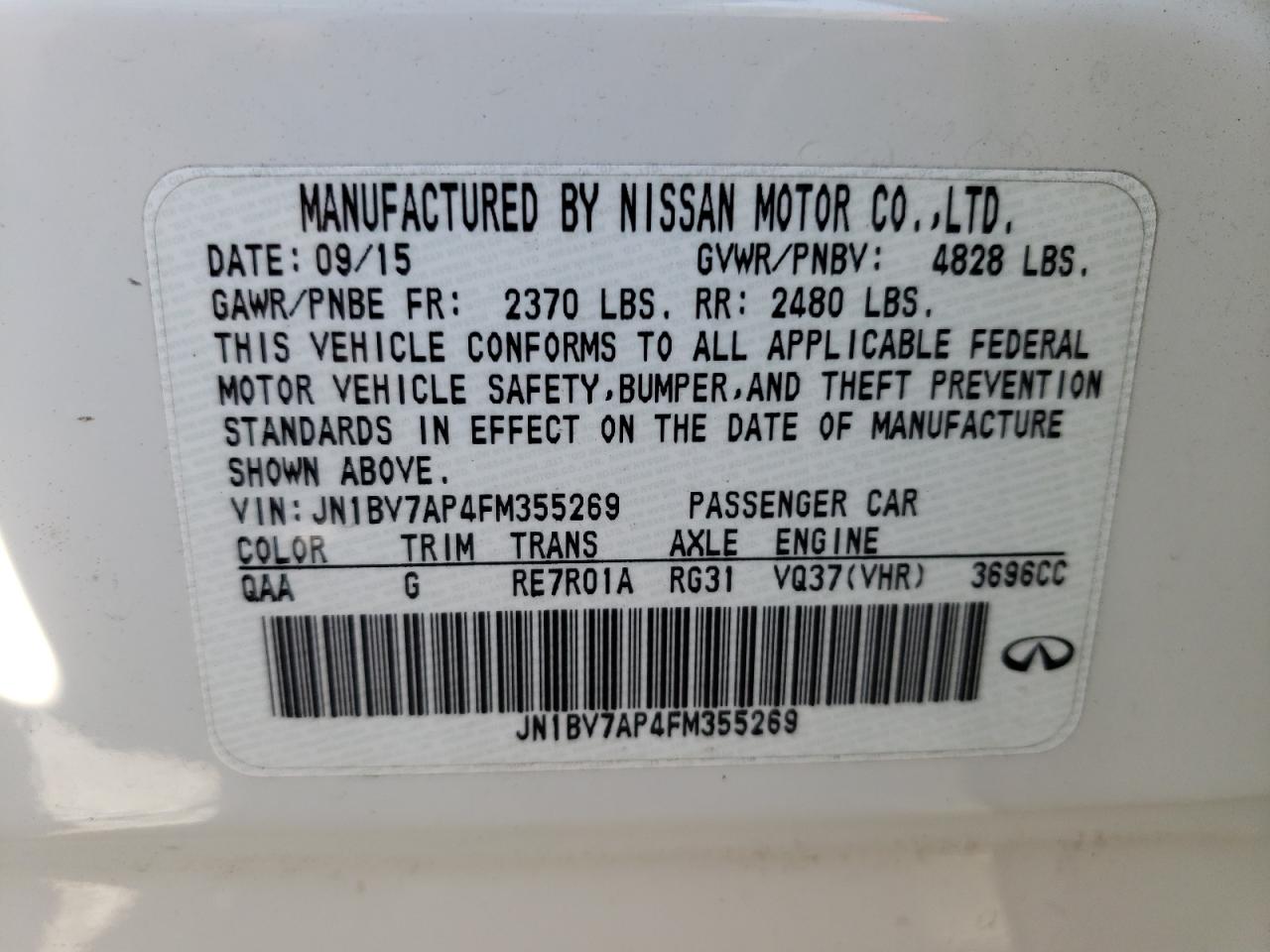 Photo 10 from auction – 2015 INFINITI Q50 BASE with VIN JN1BV7AP4FM355269