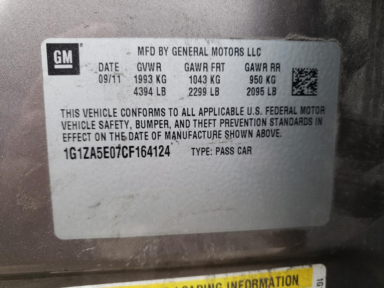 Photo 10 from auction – 2012 CHEVROLET MALIBU LS with VIN 1G1ZA5E07CF164124