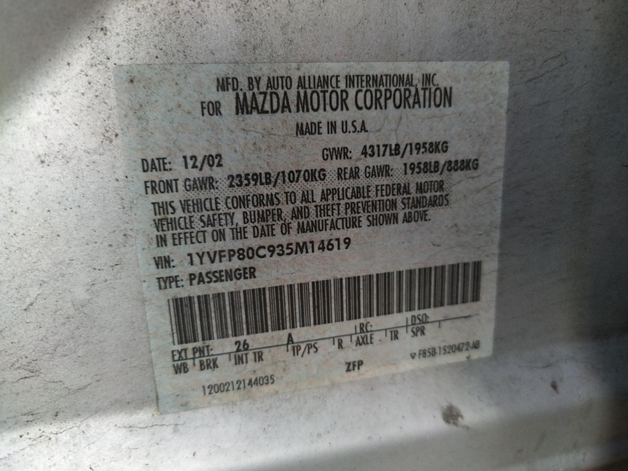 Photo 10 from auction – 2003 MAZDA 6 I with VIN 1YVFP80C935M14619