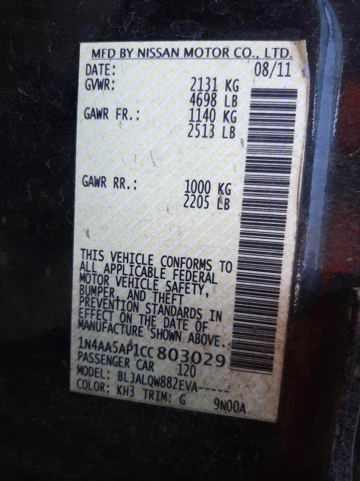 Photo 10 from auction – 2012 NISSAN MAXIMA S with VIN 1N4AA5AP1CC803029