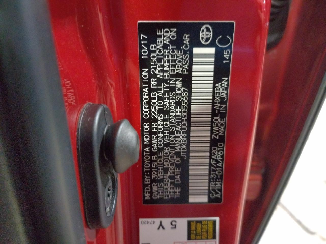 Photo 10 from auction – 2017 TOYOTA PRIUS with VIN JTDKBRFU0H3055687