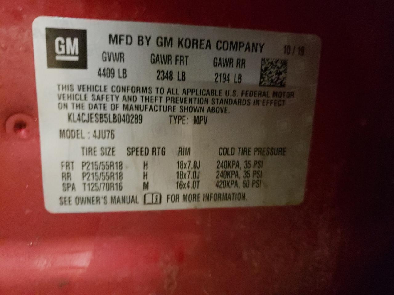 Photo 10 from auction – 2020 BUICK ENCORE PRE with VIN KL4CJESB5LB040289