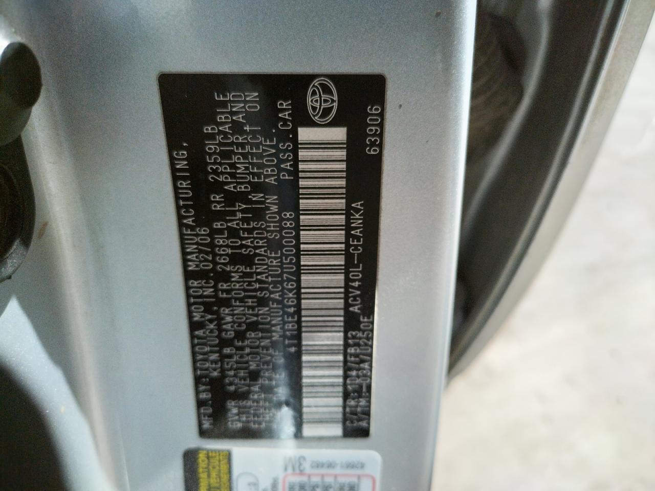 Photo 10 from auction – 2007 TOYOTA CAMRY CE with VIN 4T1BE46K67U500088