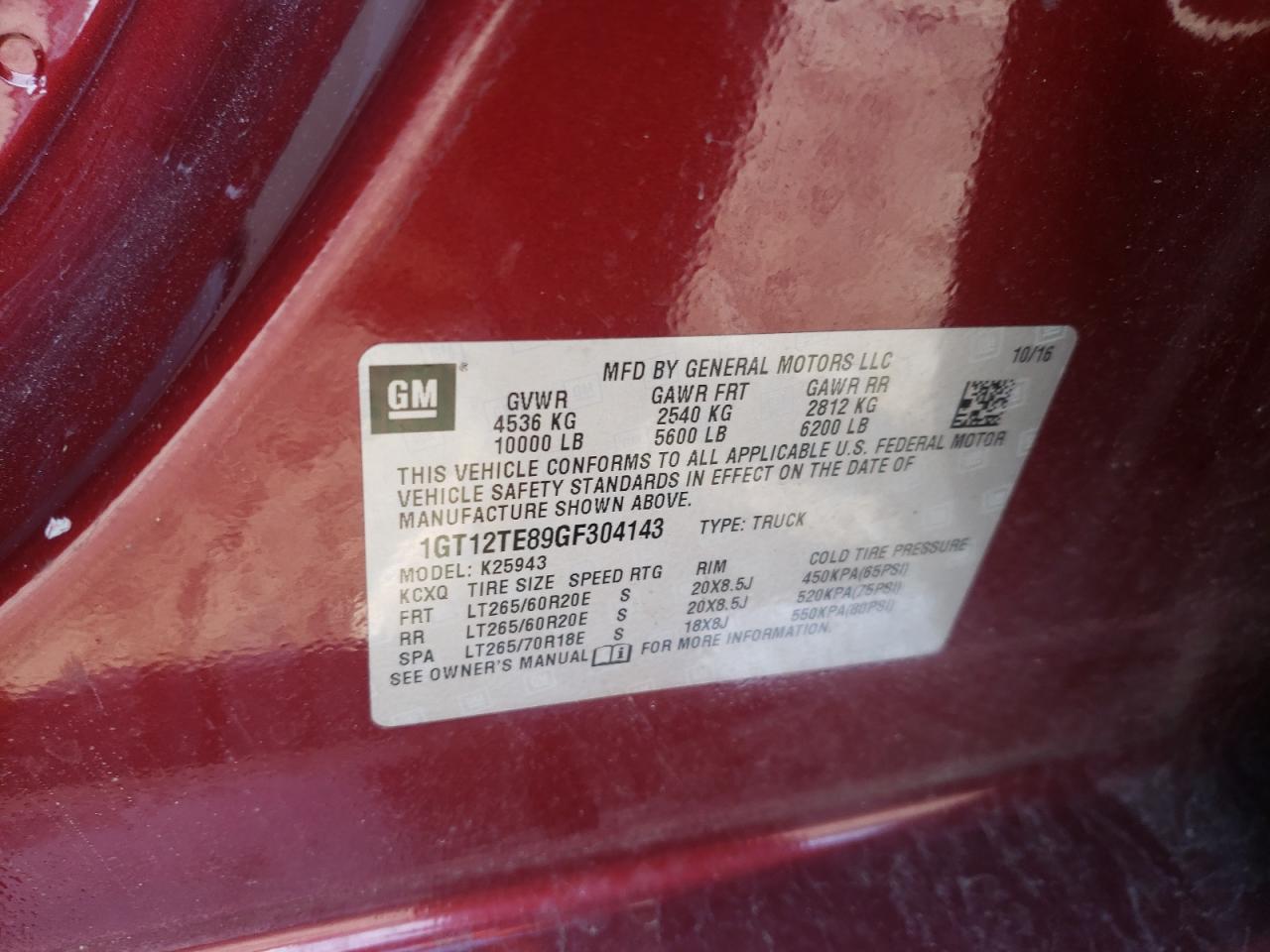 Photo 10 from auction – 2016 GMC SIERRA K25 with VIN 1GT12TE89GF304143