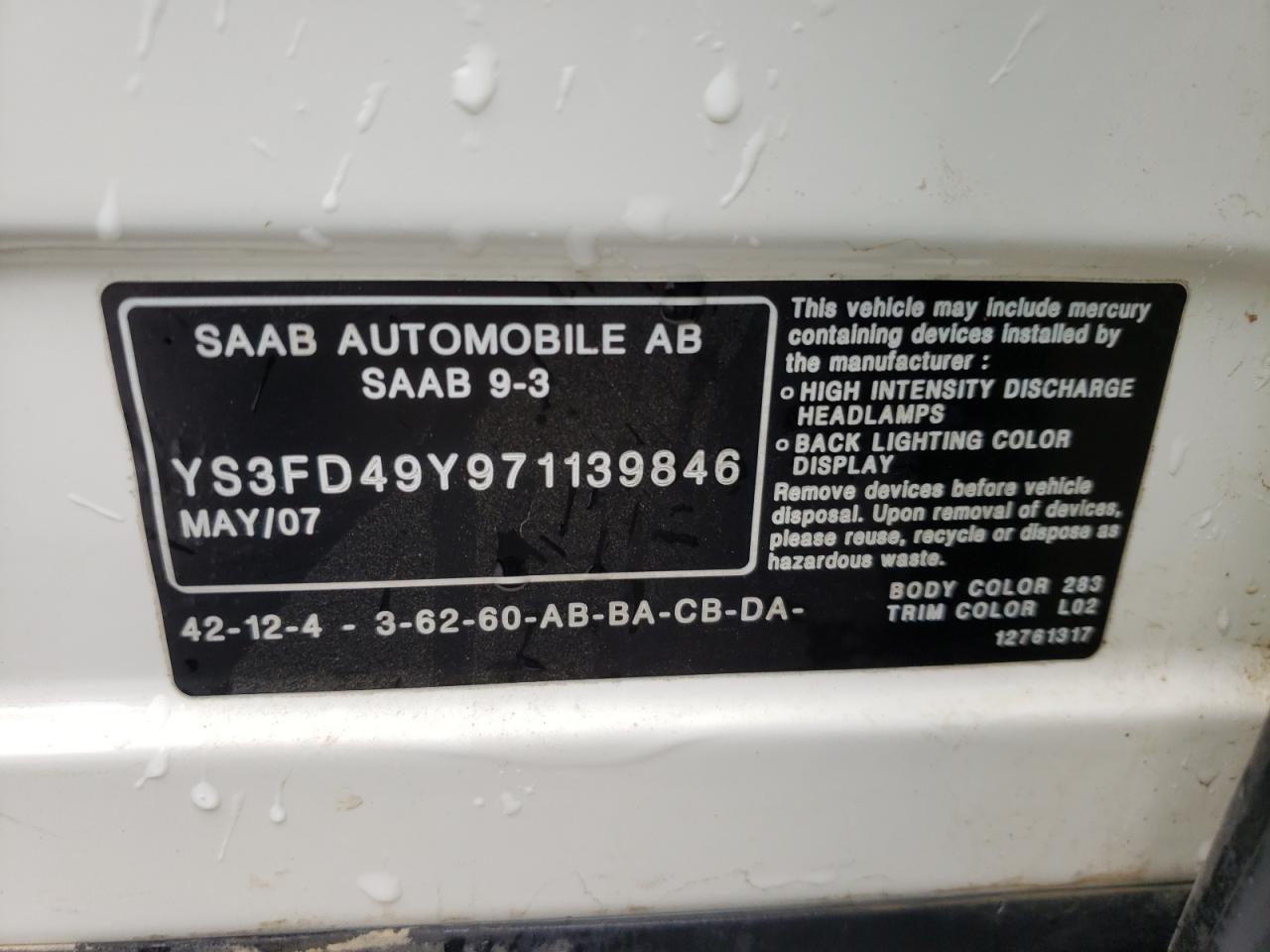 Фото 10 с аукциона – 2007 SAAB 9-3 2.0T с VIN YS3FD49Y971139846