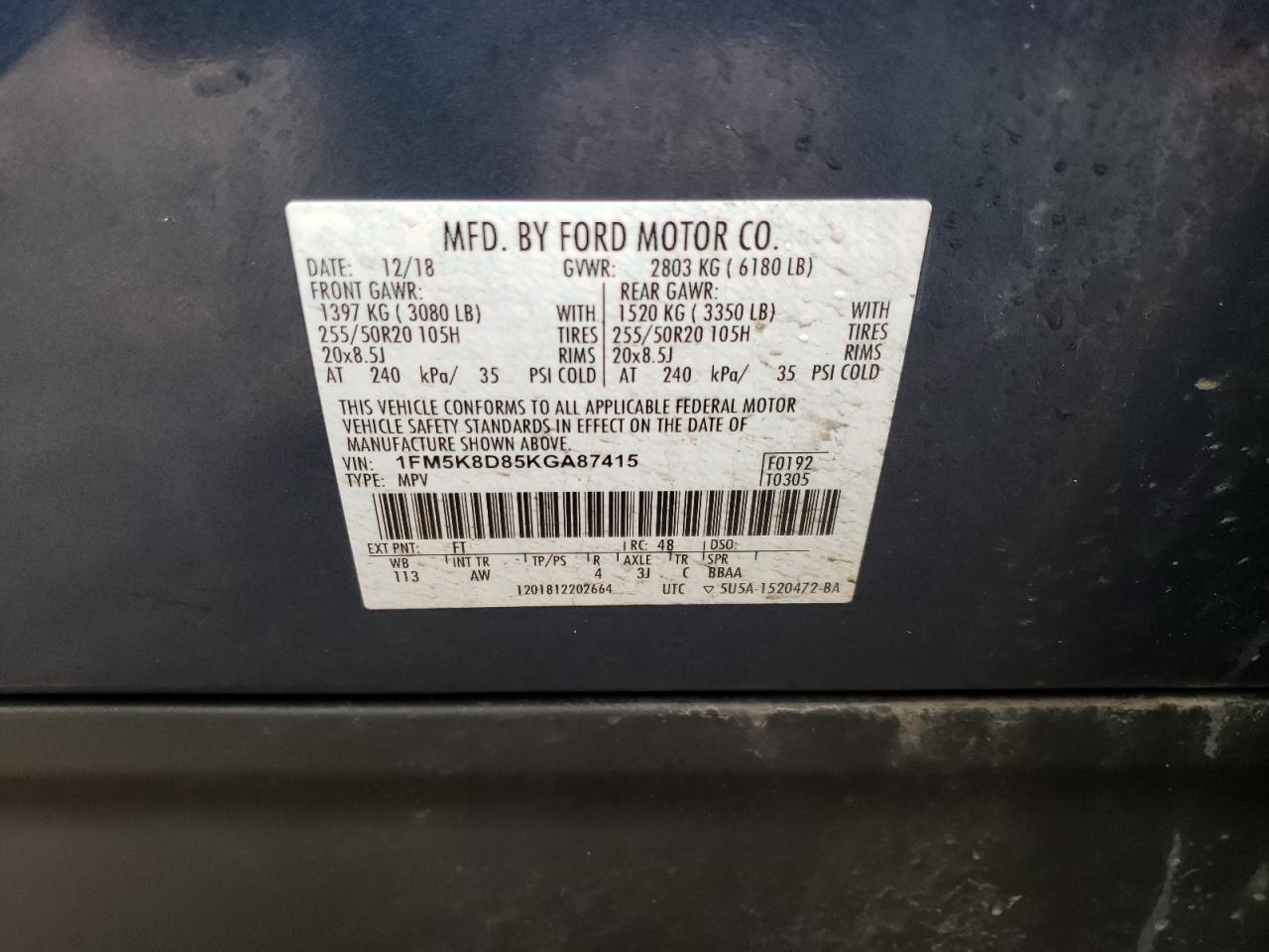 Photo 10 from auction – 2019 FORD EXPLORER X with VIN 1FM5K8D85KGA87415
