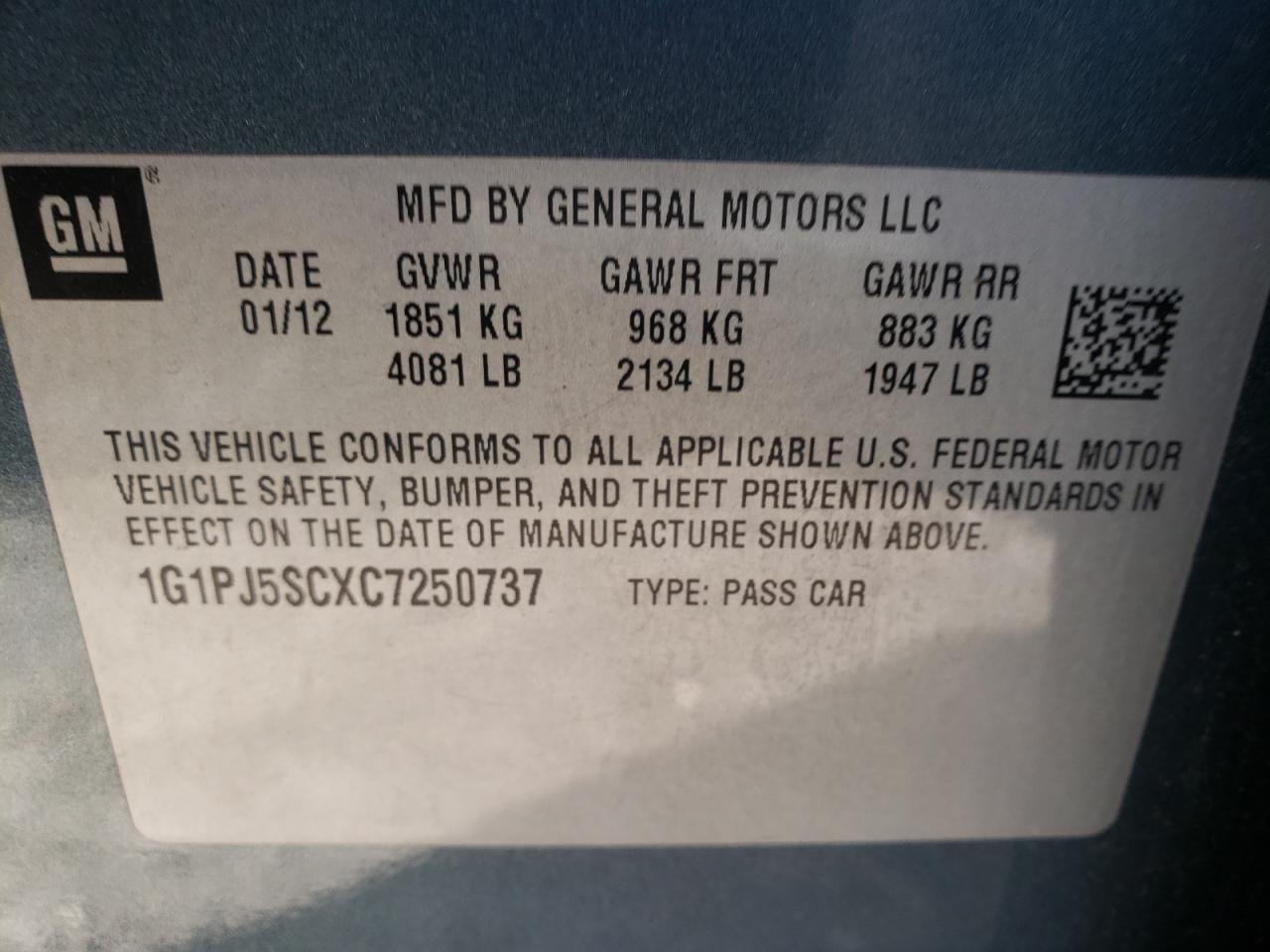 Photo 10 from auction – 2012 CHEVROLET CRUZE ECO with VIN 1G1PJ5SCXC7250737