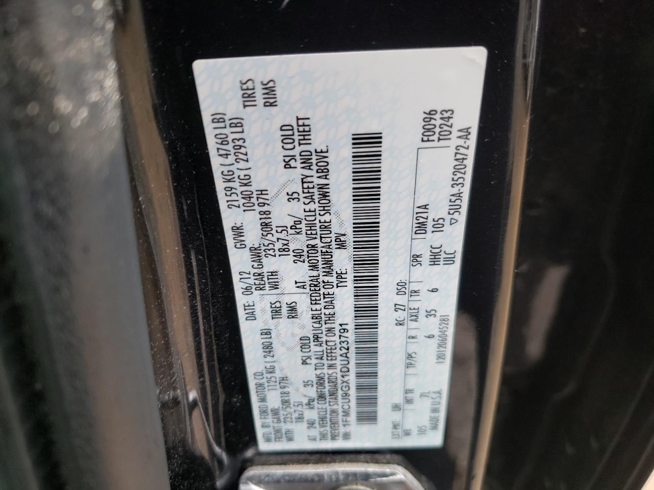 Photo 10 from auction – 2013 FORD ESCAPE SE with VIN 1FMCU9GX1DUA23791