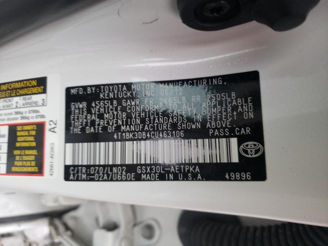 Photo 10 from auction – 2012 TOYOTA AVALON BAS with VIN 4T1BK3DB4CU463106