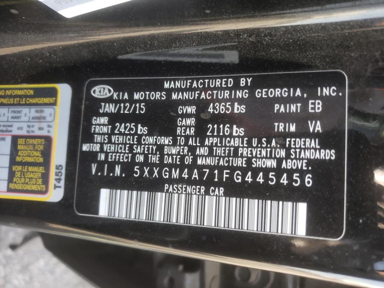 Photo 10 from auction – 2015 KIA OPTIMA LX with VIN 5XXGM4A71FG445456