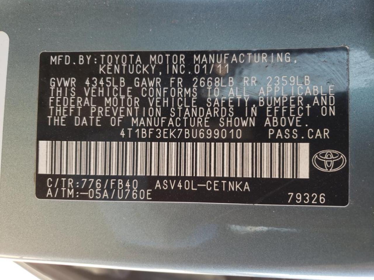 Photo 10 from auction – 2011 TOYOTA CAMRY BASE with VIN 4T1BF3EK7BU699010