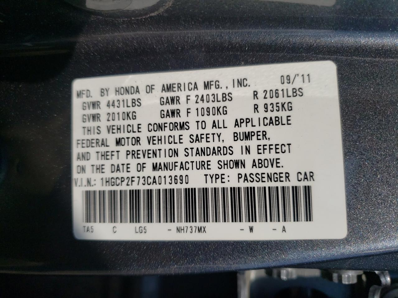 Photo 10 from auction – 2012 HONDA ACCORD EX with VIN 1HGCP2F73CA013690
