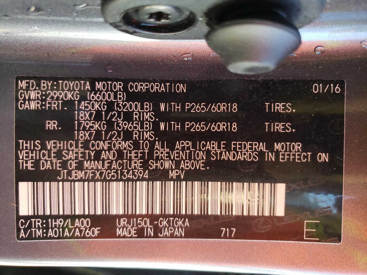 Photo 10 from auction – 2016 LEXUS GX 460 with VIN JTJBM7FX7G5134394