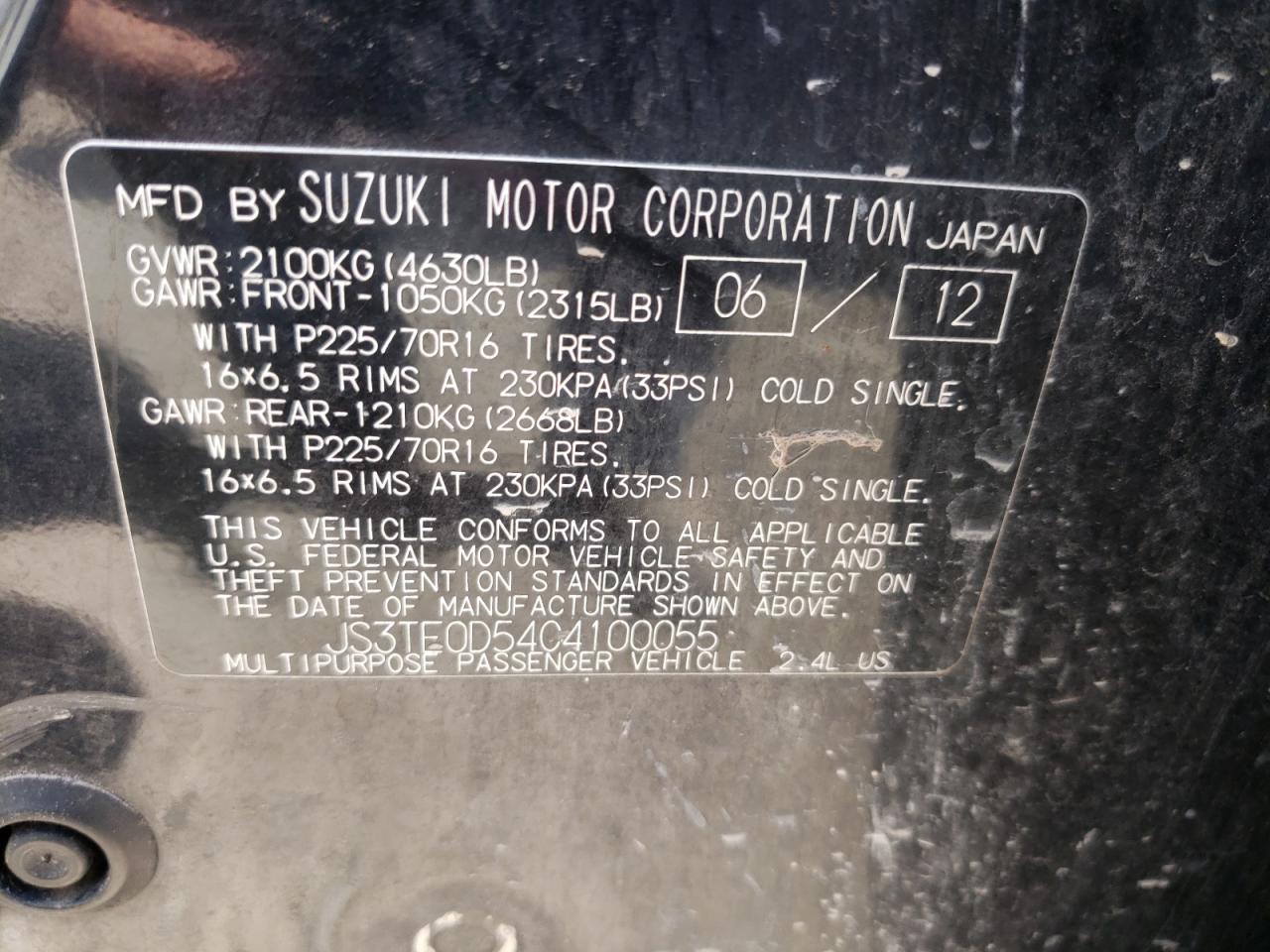 Photo 10 from auction – 2012 SUZUKI GRAND VITA with VIN JS3TE0D54C4100055