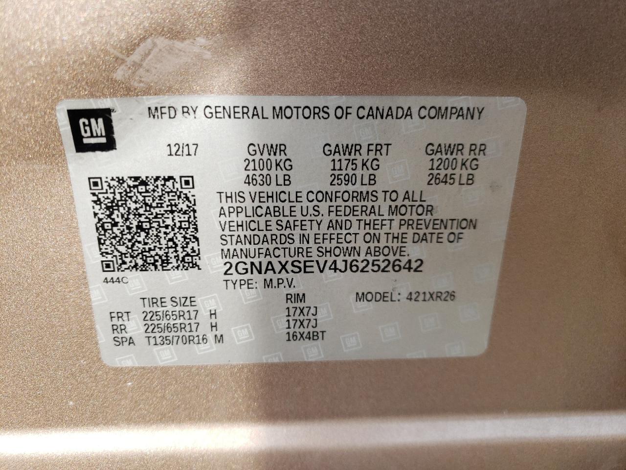 Photo 10 from auction – 2018 CHEVROLET EQUINOX LT with VIN 2GNAXSEV4J6252642
