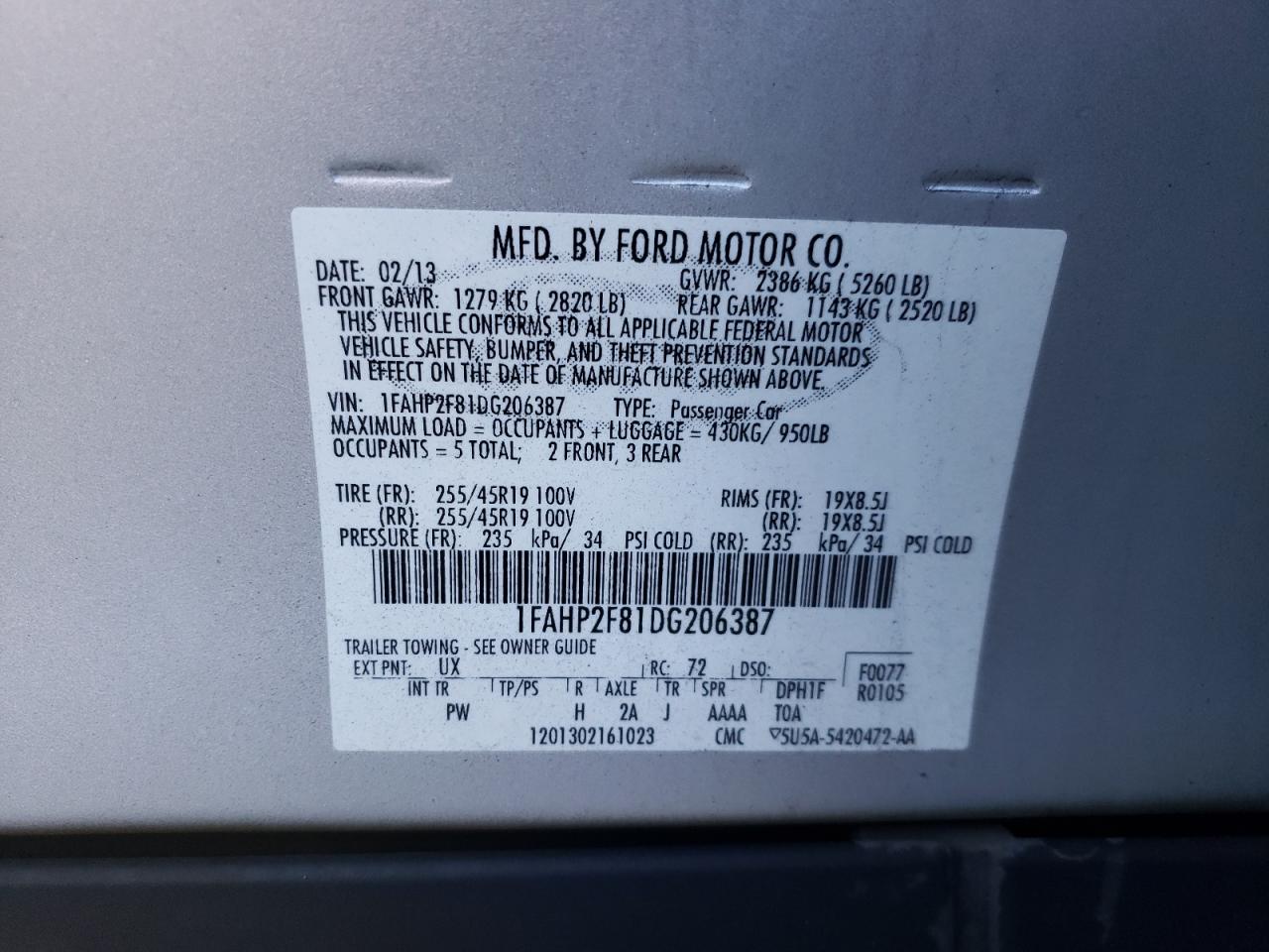 Photo 10 from auction – 2013 FORD TAURUS LIM with VIN 1FAHP2F81DG206387