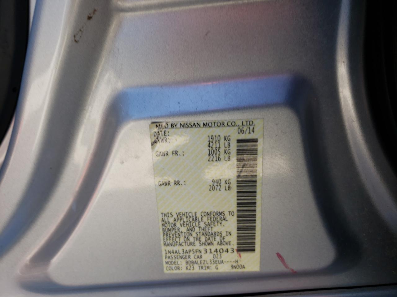 Photo 10 from auction – 2015 NISSAN ALTIMA 2.5 with VIN 1N4AL3AP5FN314043