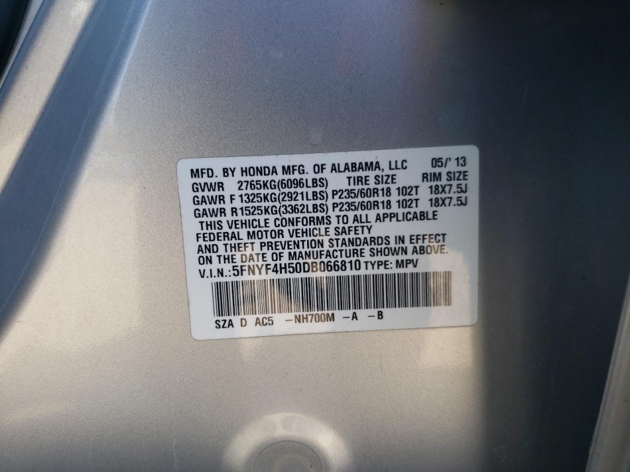 Photo 10 from auction – 2013 HONDA PILOT EXL with VIN 5FNYF4H50DB066810