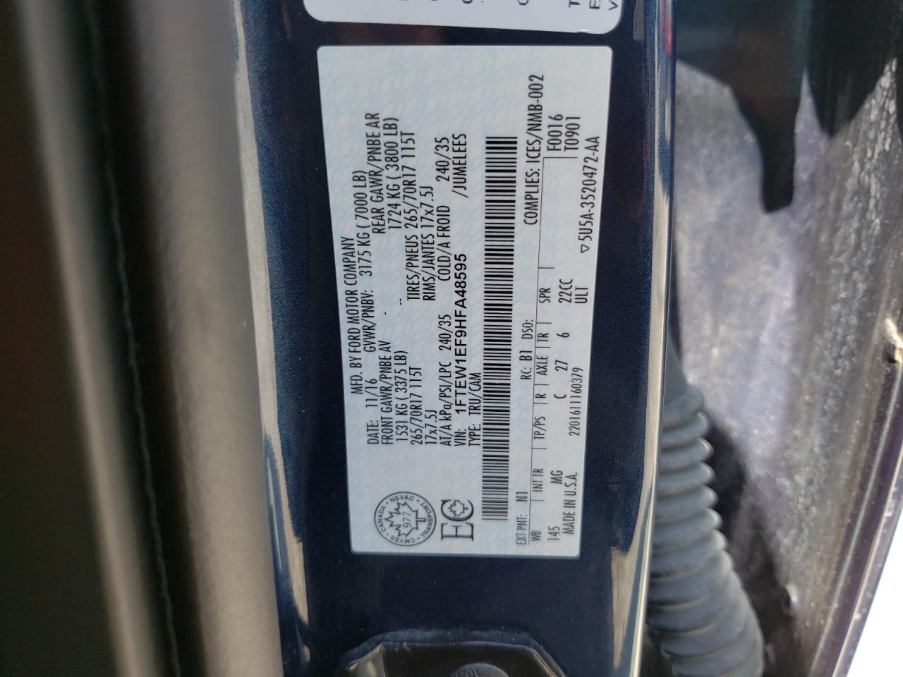 Photo 10 from auction – 2017 FORD F150 SUPER with VIN 1FTEW1EF9HFA48595