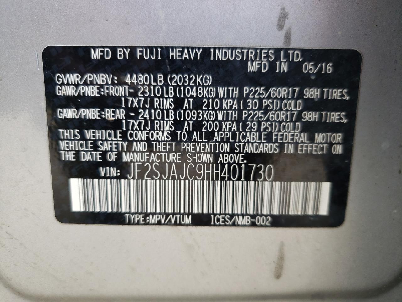 Photo 10 from auction – 2017 SUBARU FORESTER 2 with VIN JF2SJAJC9HH401730