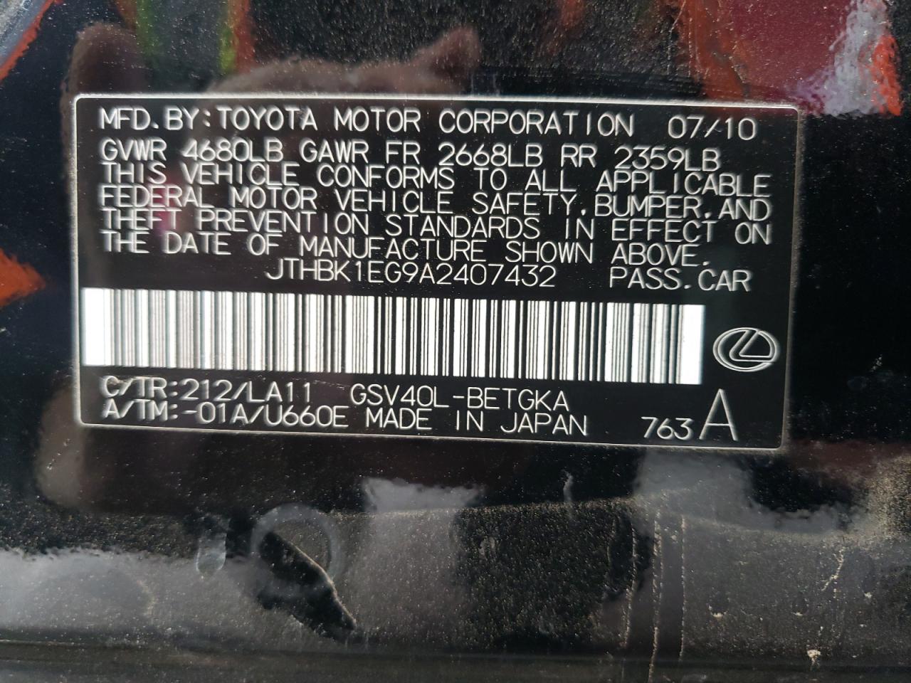 Photo 10 from auction – 2010 LEXUS ES 350 with VIN JTHBK1EG9A2407432