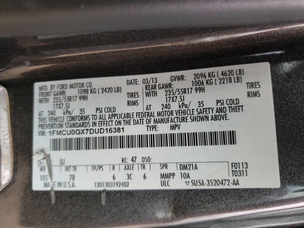 Photo 10 from auction – 2013 FORD ESCAPE SE with VIN 1FMCU0GX7DUD16381