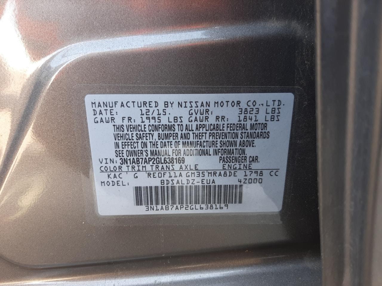 Photo 10 from auction – 2016 NISSAN SENTRA S with VIN 3N1AB7AP2GL638169