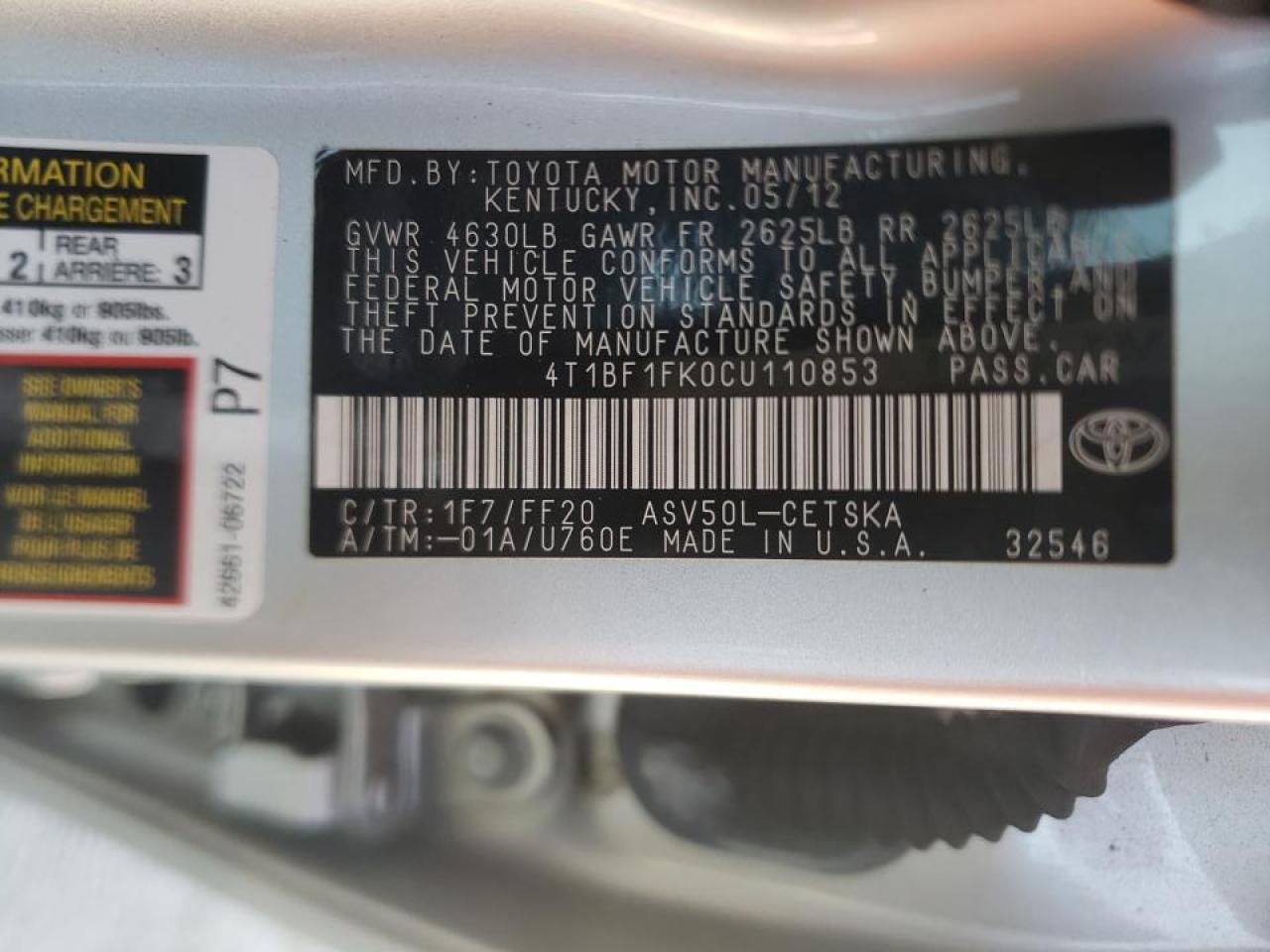 Photo 10 from auction – 2012 TOYOTA CAMRY BASE with VIN 4T1BF1FK0CU110853