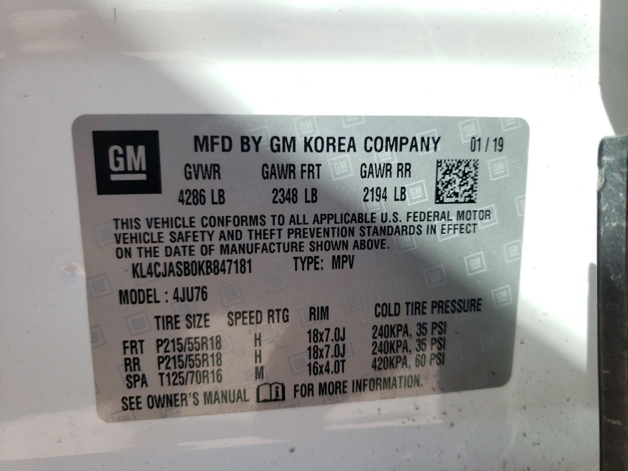 Photo 10 from auction – 2019 BUICK ENCORE PRE with VIN KL4CJASB0KB847181