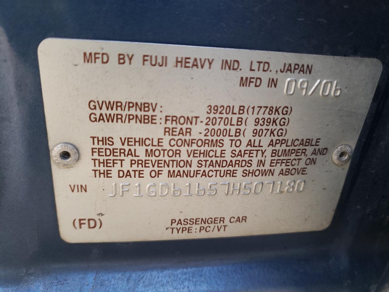 Photo 10 from auction – 2007 SUBARU IMPREZA 2. with VIN JF1GD61657H507180