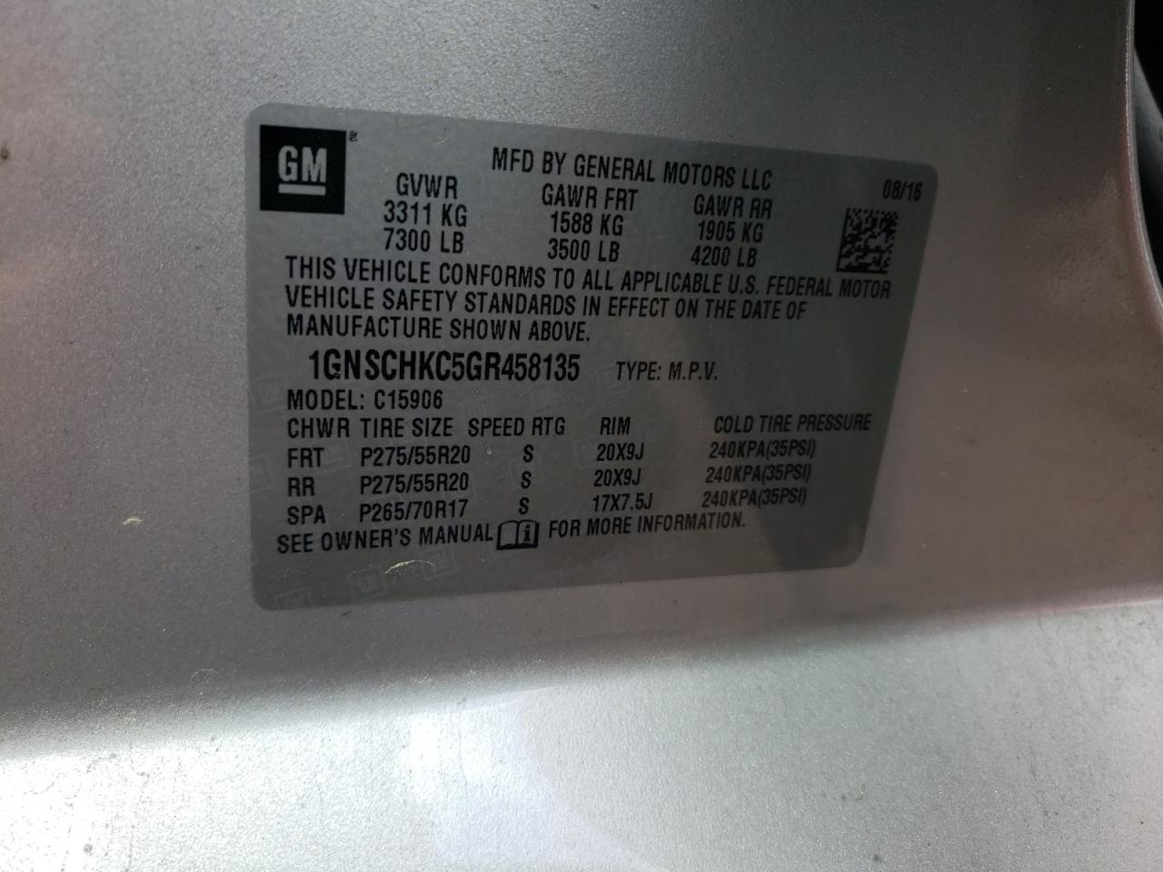 Photo 10 from auction – 2016 CHEVROLET SUBURBAN C with VIN 1GNSCHKC5GR458135