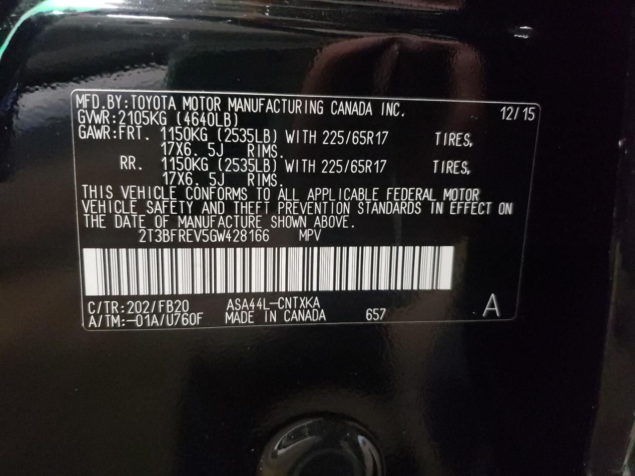 Foto 10 de la subasta – 2016 TOYOTA RAV4 LE con VIN 2T3BFREV5GW428166