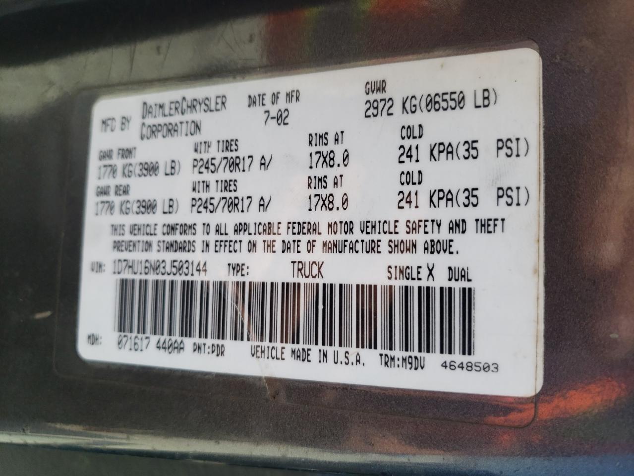 Photo 10 from auction – 2003 DODGE RAM 1500 S with VIN 1D7HU16N03J503144
