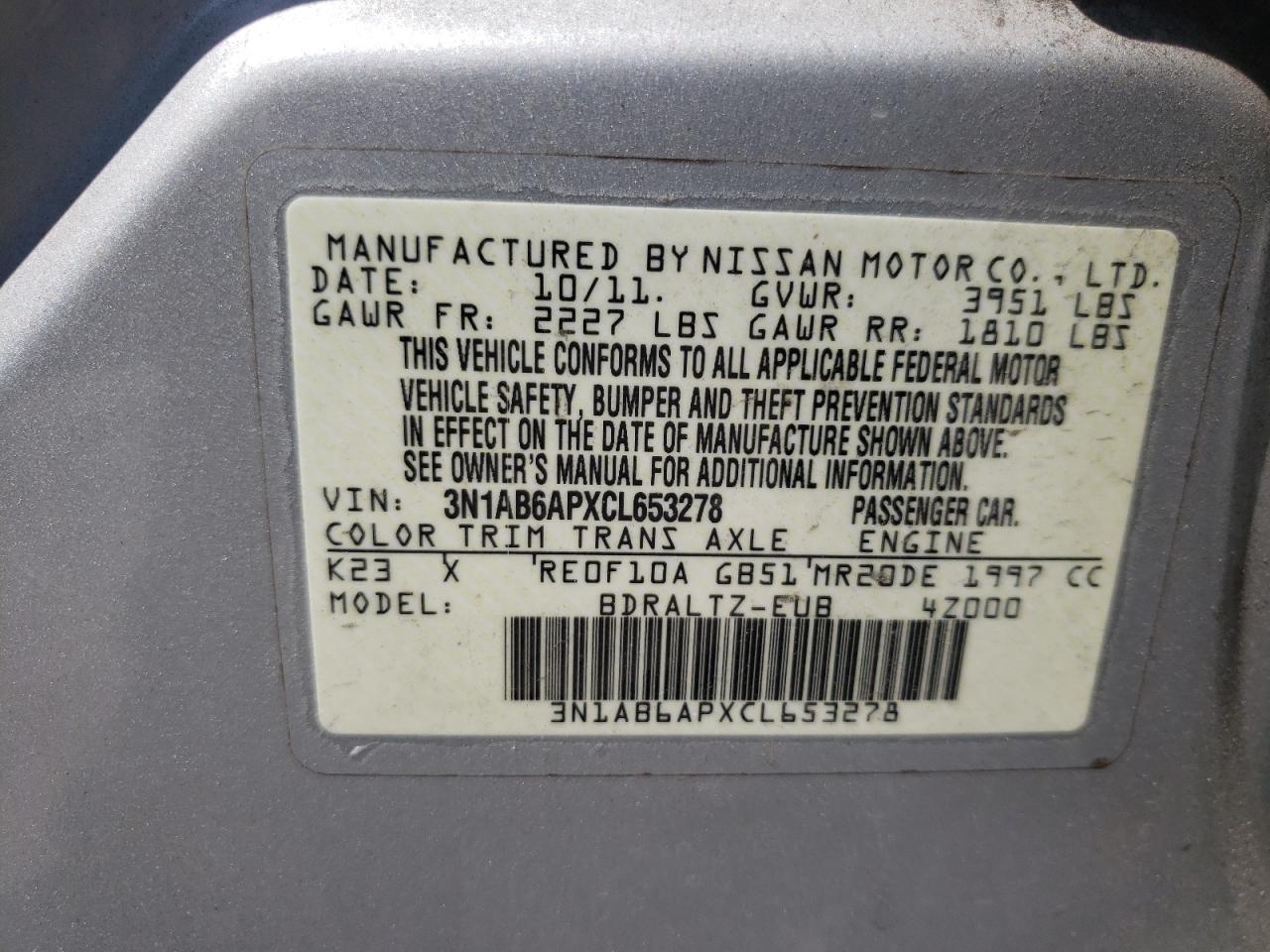 Photo 10 from auction – 2012 NISSAN SENTRA 2.0 with VIN 3N1AB6APXCL653278