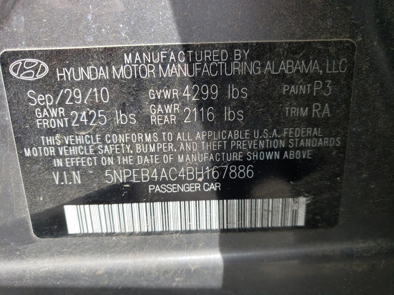 Photo 10 from auction – 2011 HYUNDAI SONATA GLS with VIN 5NPEB4AC4BH167886