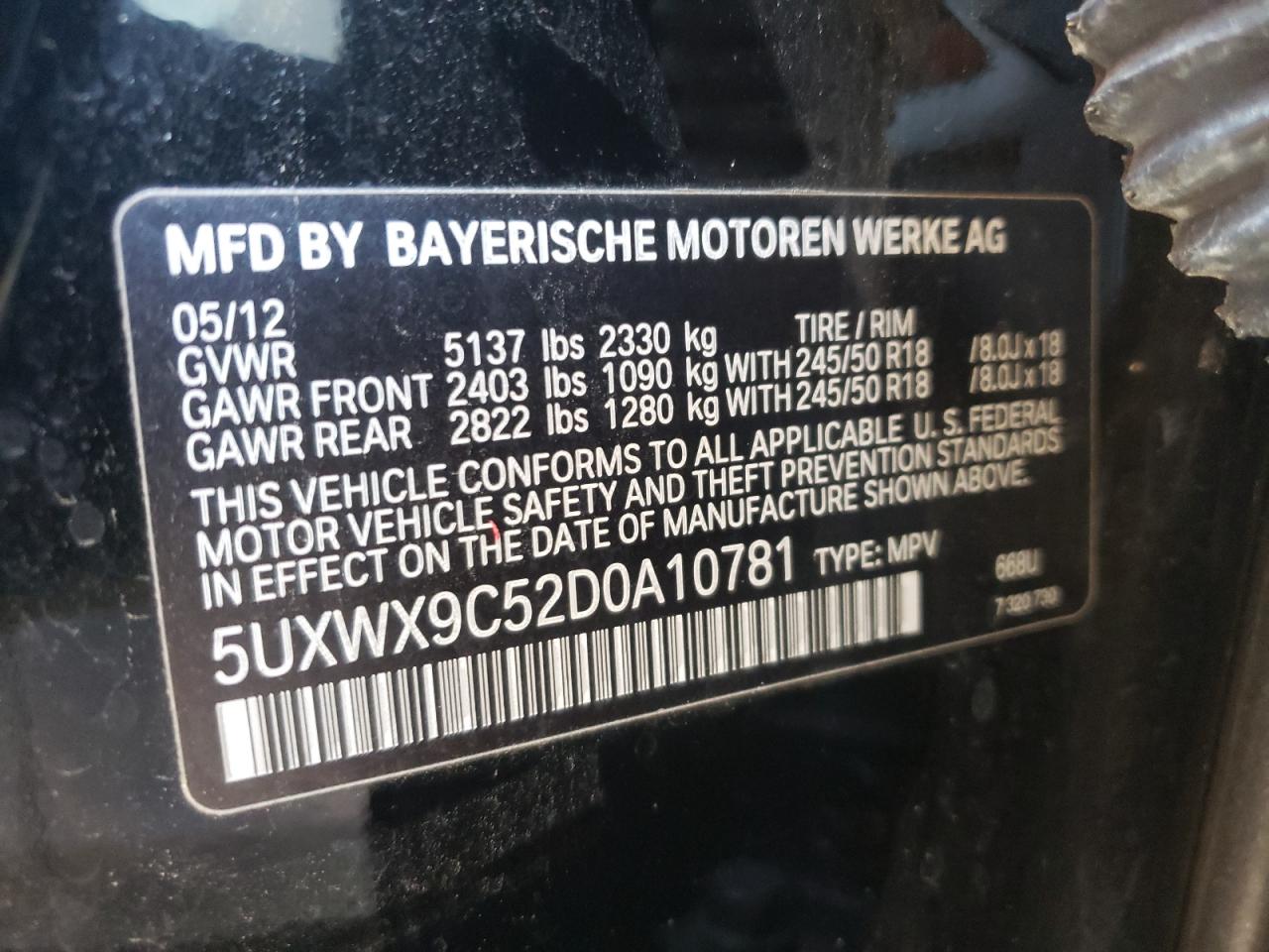 Photo 10 from auction – 2013 BMW X3 XDRIVE2 with VIN 5UXWX9C52D0A10781