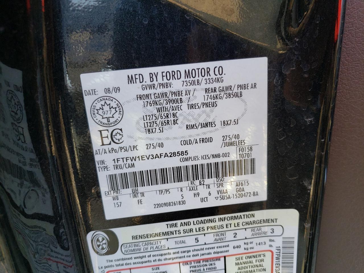 Photo 10 from auction – 2010 FORD F150 SUPER with VIN 1FTFW1EV3AFA28585