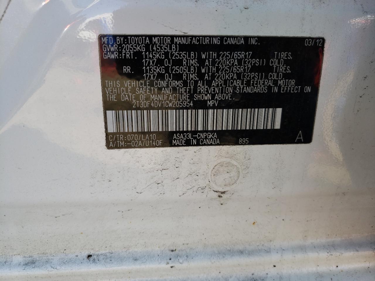 Photo 10 from auction – 2012 TOYOTA RAV4 LIMIT with VIN 2T3DF4DV1CW205954