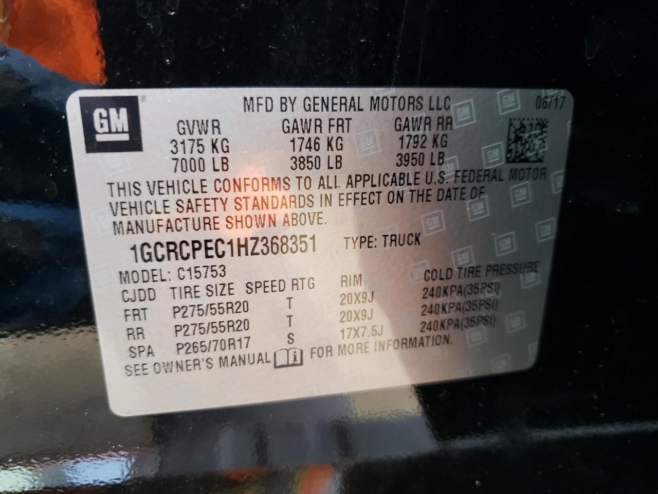 Zdjęcie 10 z aukcji – 2017 CHEVROLET SILVERADO z VIN 1GCRCPEC1HZ368351