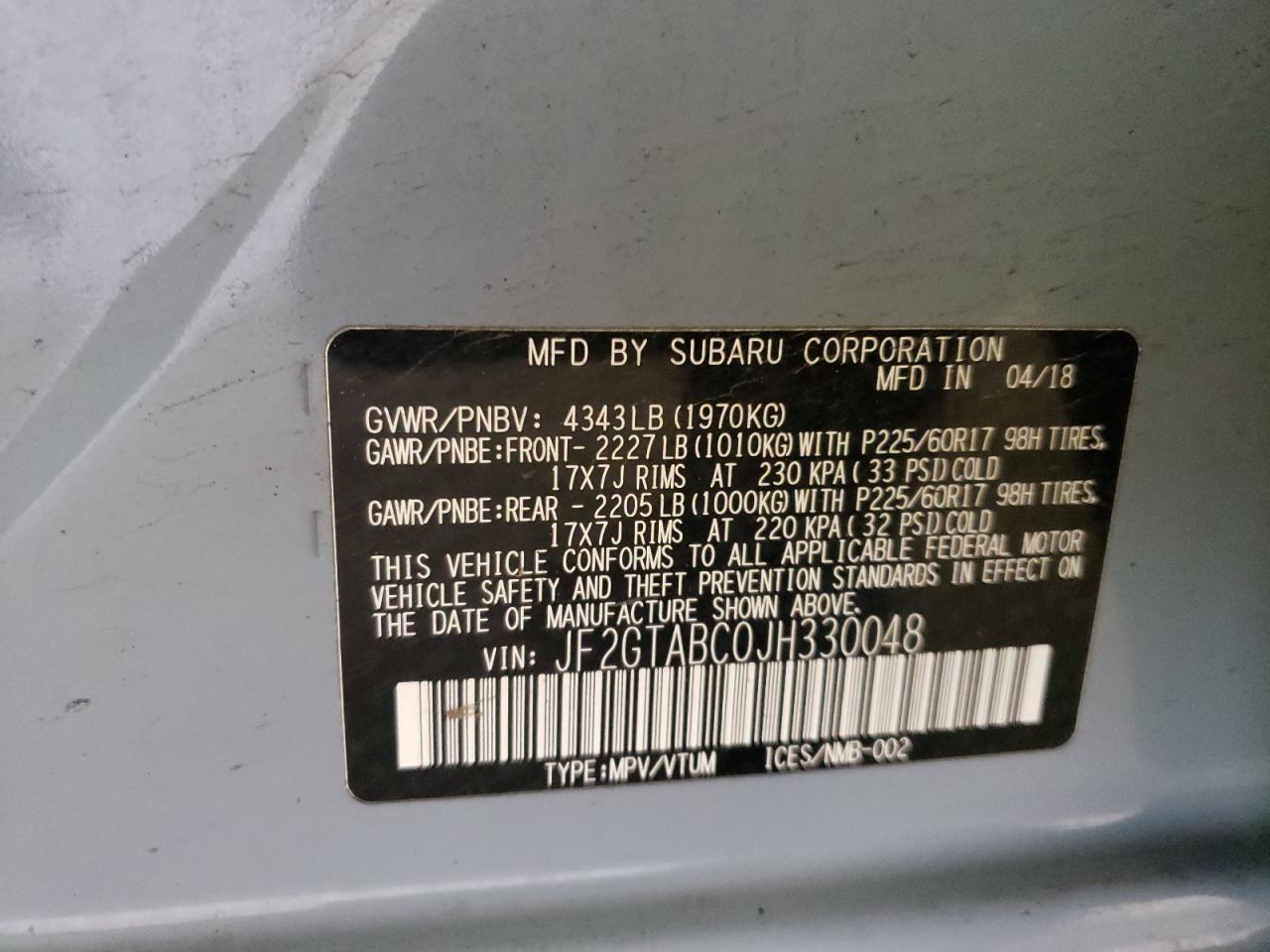 Photo 10 from auction – 2018 SUBARU CROSSTREK with VIN JF2GTABC0JH330048