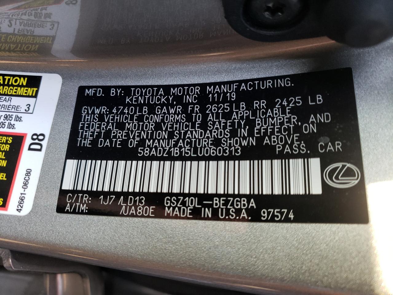 Photo 10 from auction – 2020 LEXUS ES 350 with VIN 58ADZ1B15LU060313