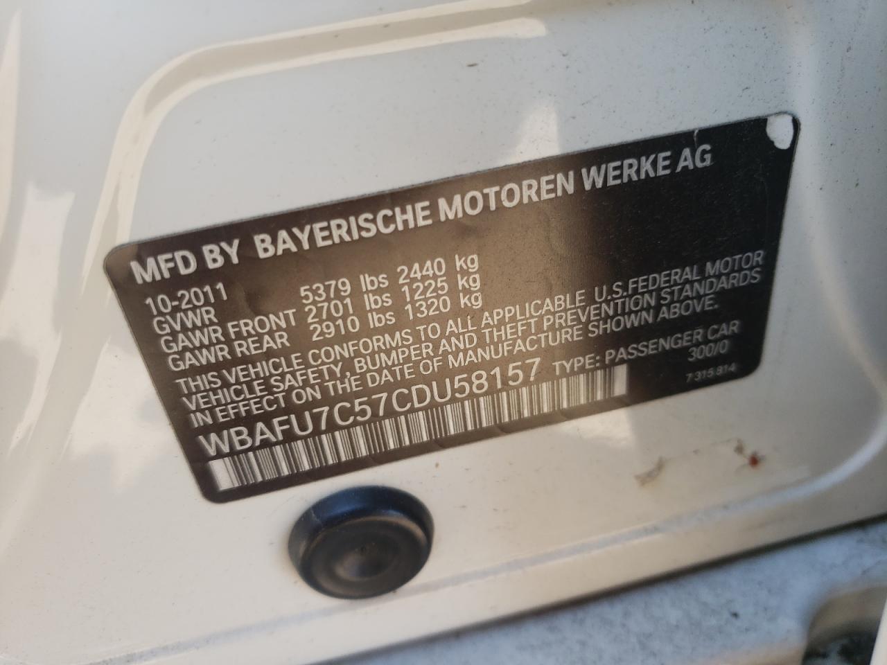 Photo 10 from auction – 2012 BMW 535 XI with VIN WBAFU7C57CDU58157