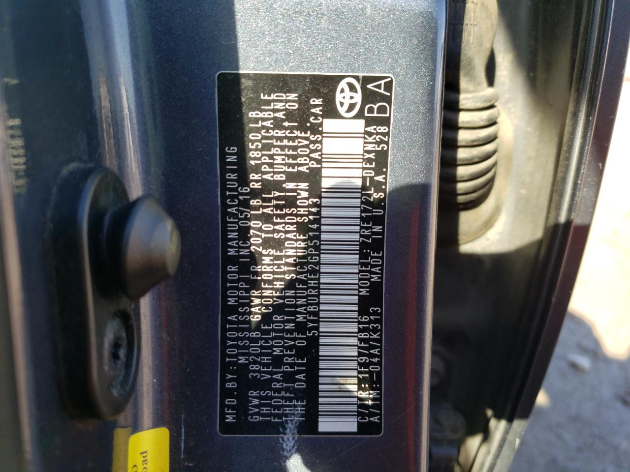 Photo 10 from auction – 2016 TOYOTA COROLLA L with VIN 5YFBURHE2GP514143