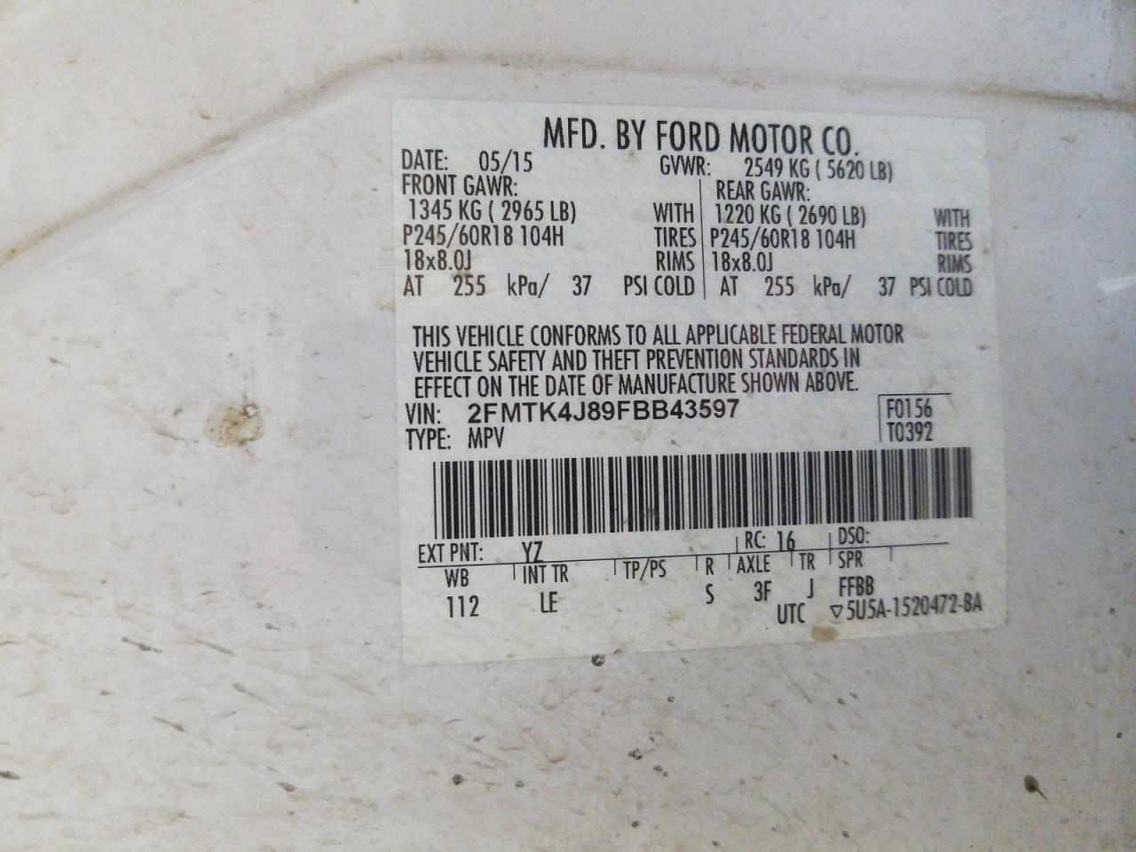 Photo 10 from auction – 2015 FORD EDGE SEL with VIN 2FMTK4J89FBB43597