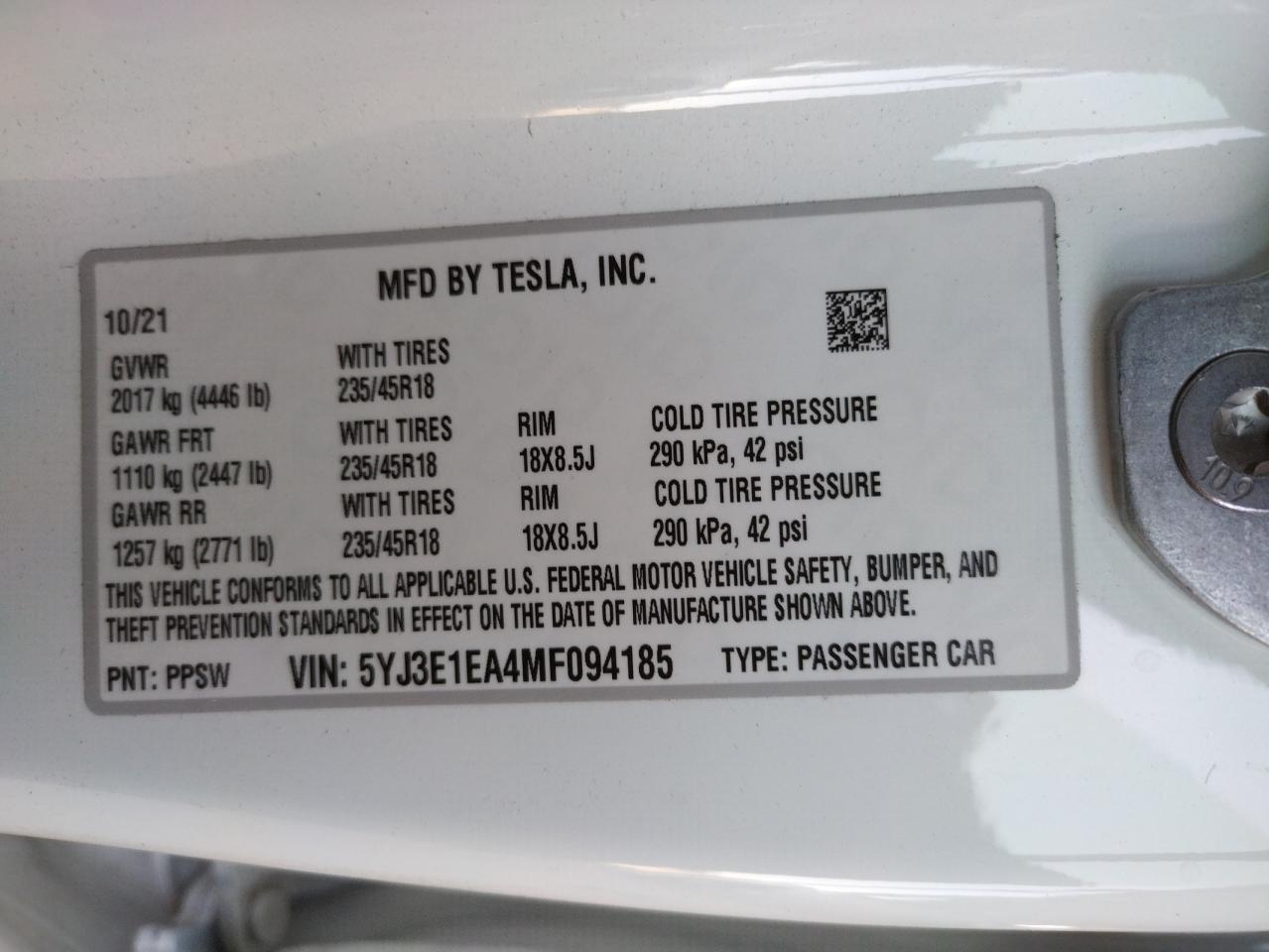 Photo 10 from auction – 2021 TESLA MODEL 3 with VIN 5YJ3E1EA4MF094185