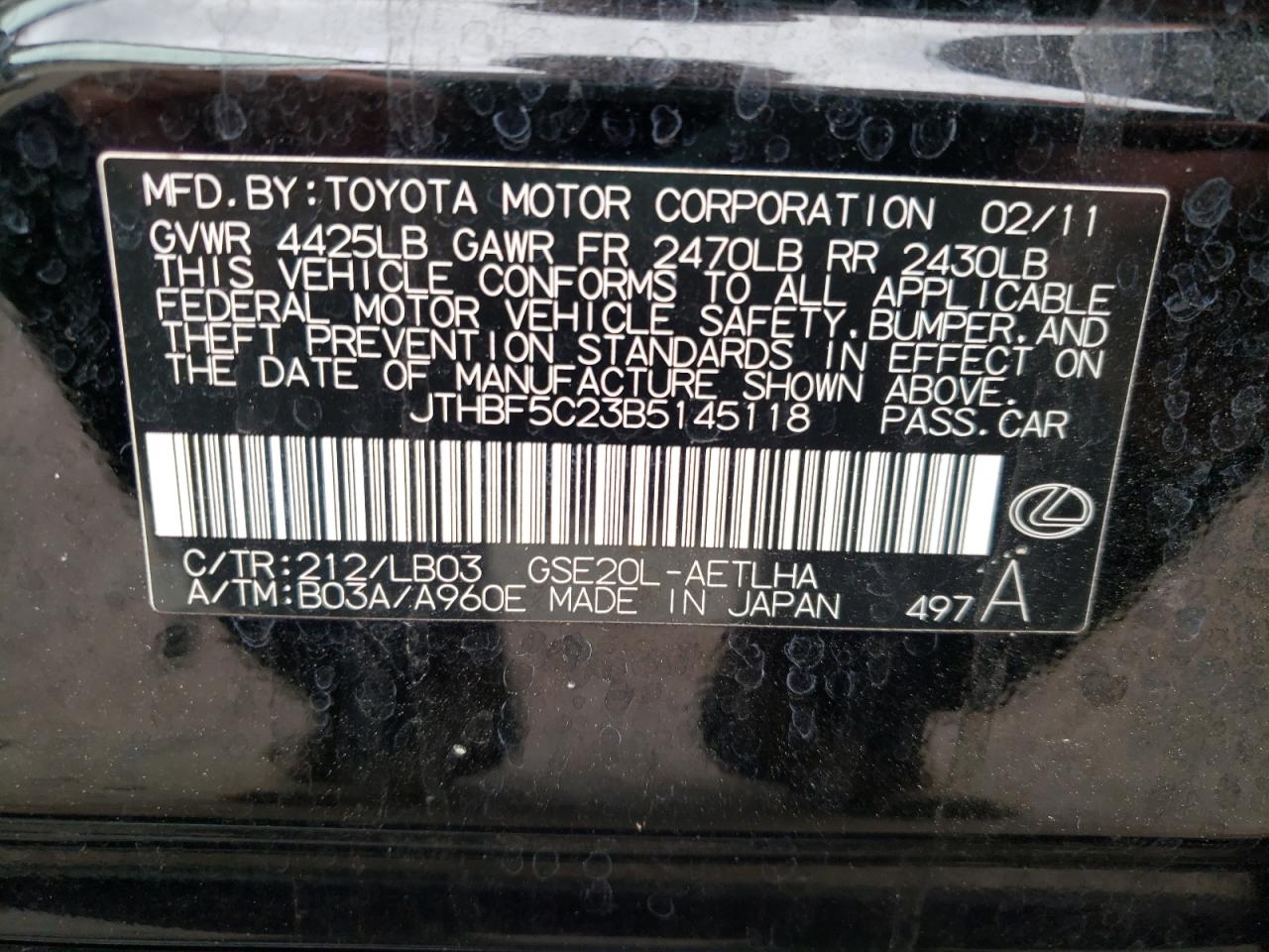 Photo 10 from auction – 2011 LEXUS IS 250 with VIN JTHBF5C23B5145118