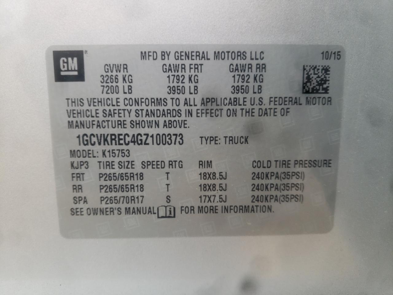 Photo 10 from auction – 2016 CHEVROLET SILVERADO with VIN 1GCVKREC4GZ100373