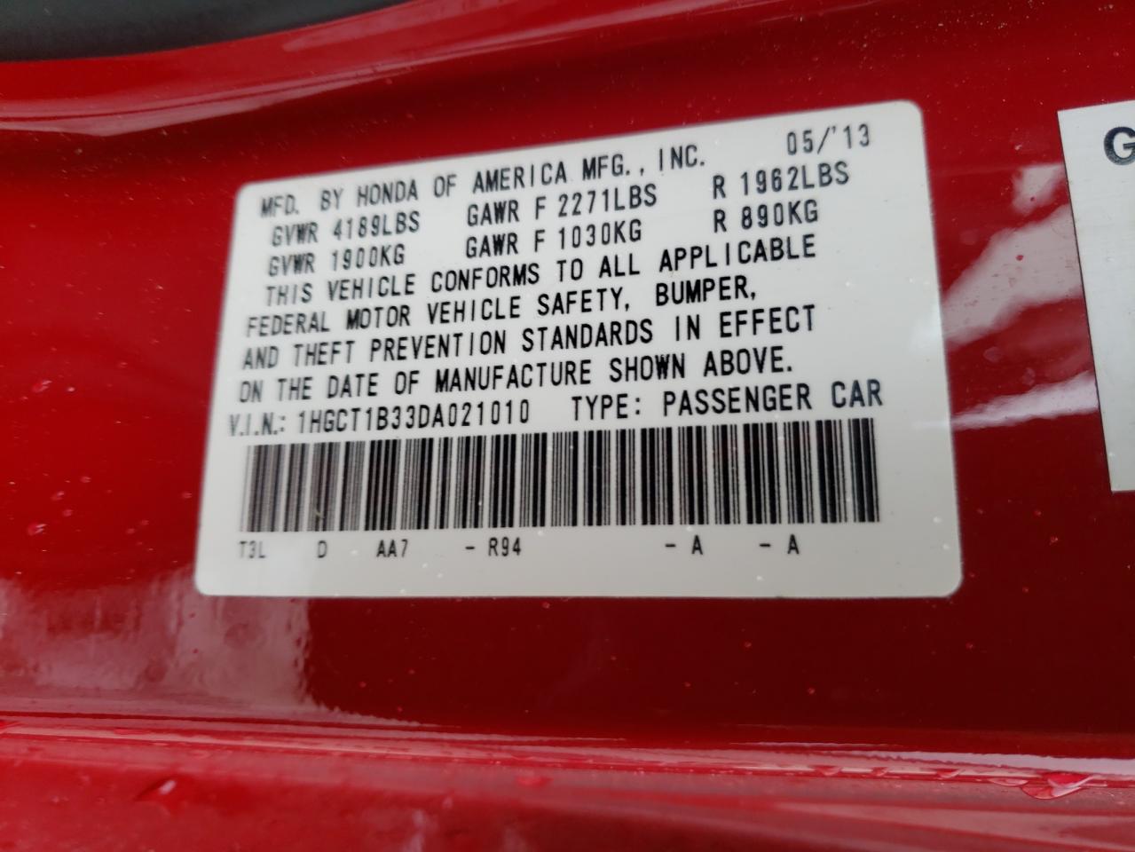 Photo 10 from auction – 2013 HONDA ACCORD LX- with VIN 1HGCT1B33DA021010