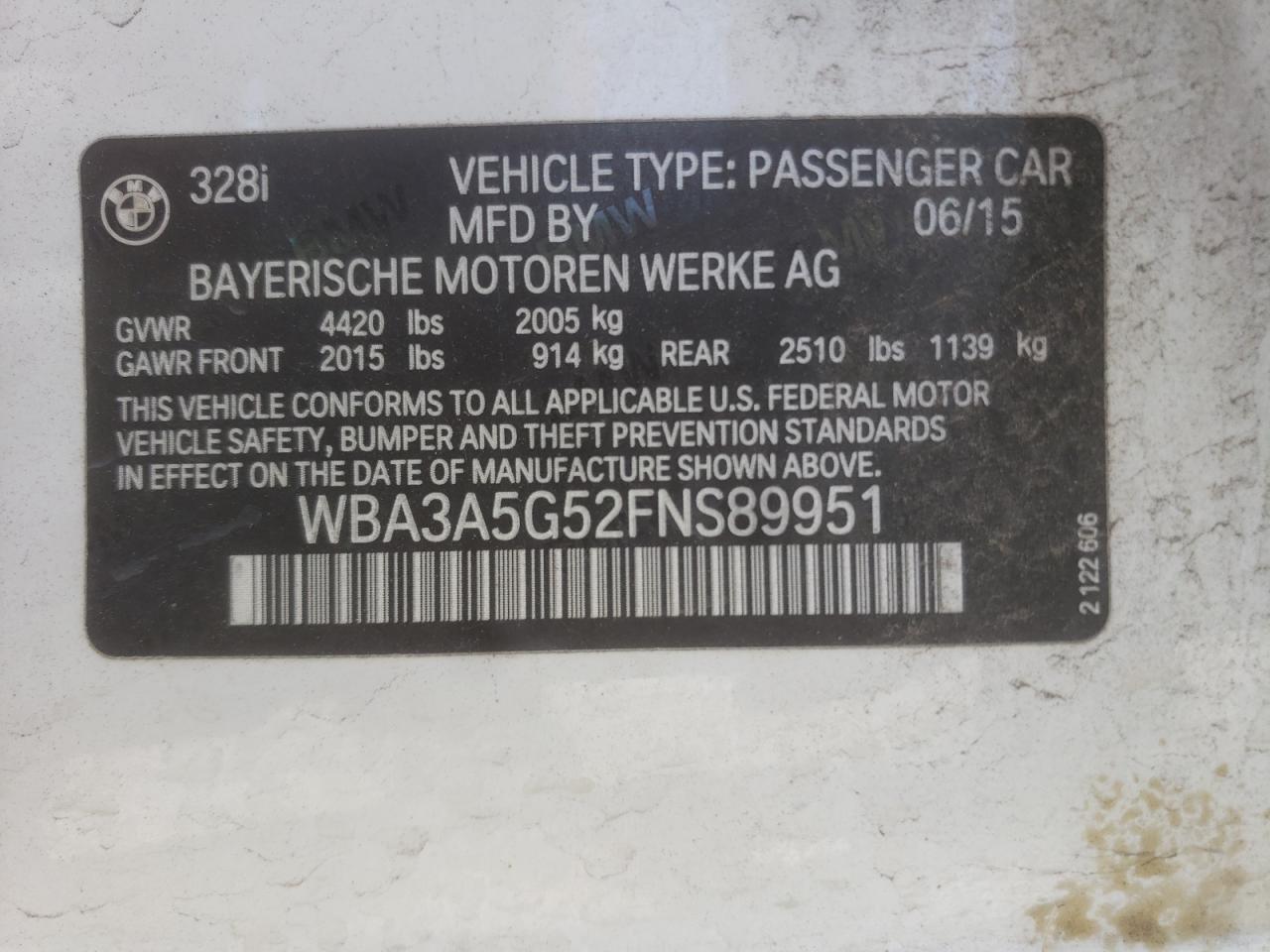 Photo 10 from auction – 2015 BMW 328 I with VIN WBA3A5G52FNS89951